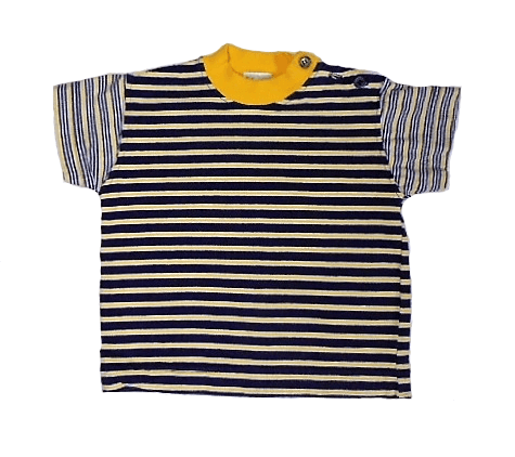 Prénatal t-shirtje blauw, geel en wit gestreept maatje 62