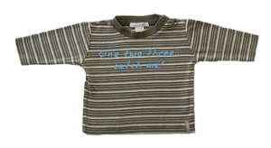 H & M t-shirtje beige, bruin en blauw gestreept maatje 62