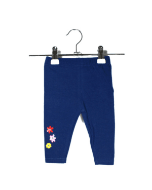 Baby legging donkerblauw met gekleurde bloemetjes en witte steentjes maatje 62
