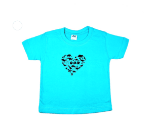 Shirtje turquoise met een hartje vol met dino´s en roar in het midden maatje 86