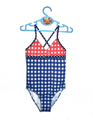 Claesens badpakje blauw en rood geblokt met spaghettibandjes maatje 104/110