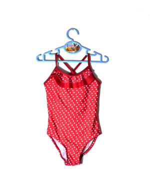 Zeeman badpakje rood met all over print van witte hartjes maatje 110/116