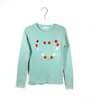 Dirkje shirtje groen met all over patroon en gekleurde halve pompons maat 116