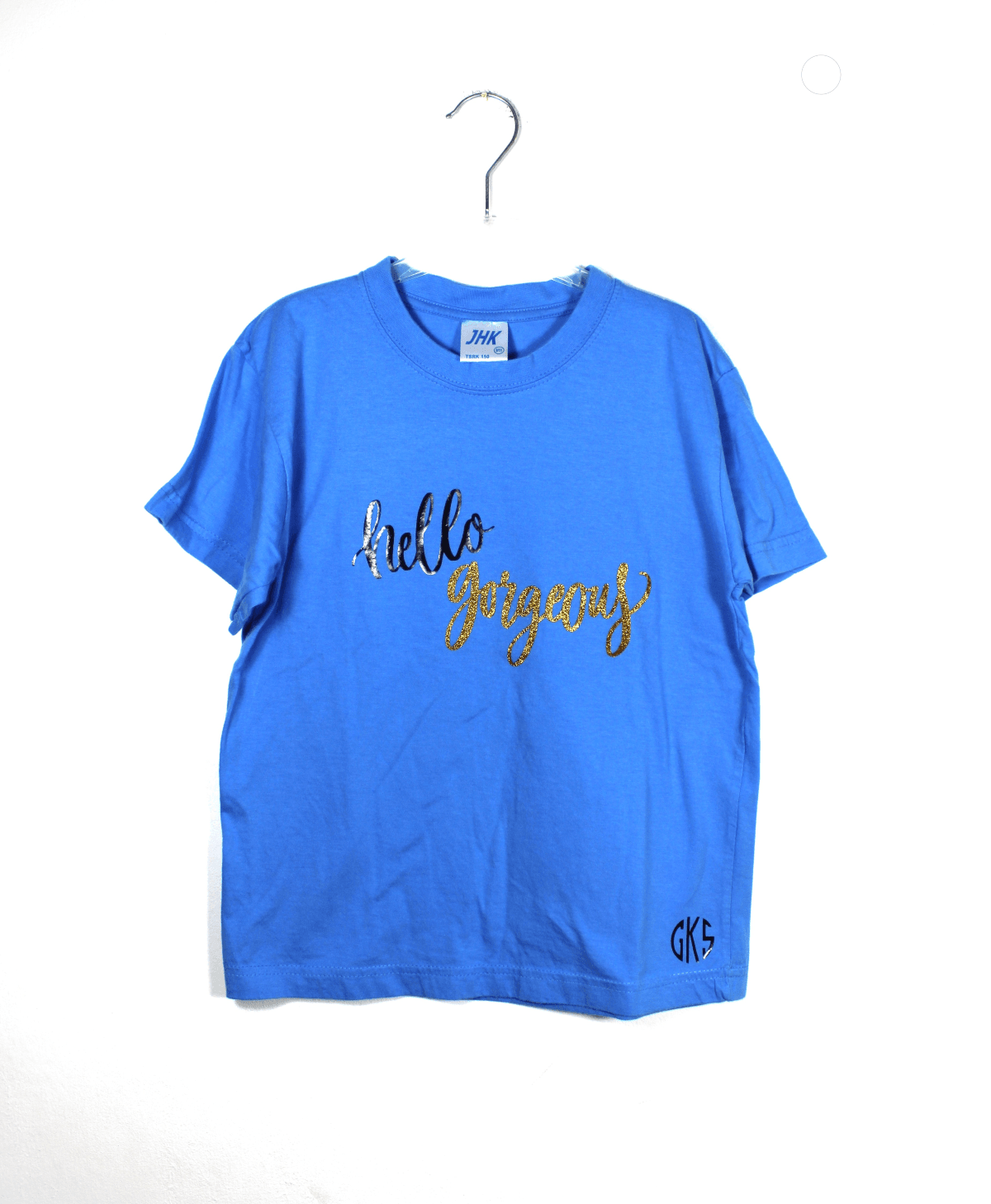 T-shirt blauw met tekst: Hello Gorgeous maat 134/140