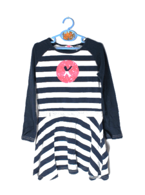 Bampidano jurkje donkerblauw en wit gestreept maat 122/128