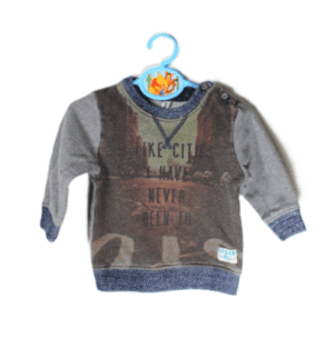Tweedehands Babyface sweater grijs met blauwwitte boordjes maat 74