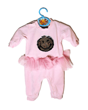 Tweedehands velours boxpakje ballerina roze met smiley van pailletten maatje 50/56