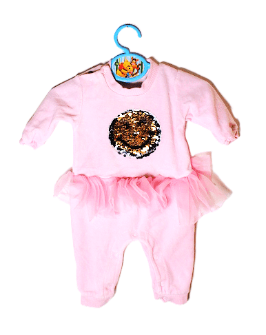 Tweedehands velours boxpakje ballerina roze met smiley van pailletten maatje 50/56 - Afbeelding 2