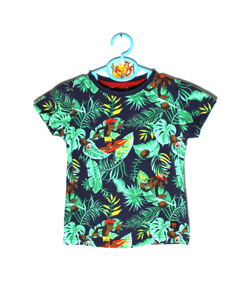 Unlocked zomer shirtje donkerblauw met all over patroon monkey maatje 104/110