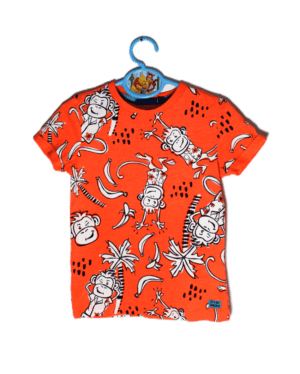Just Small zomer shirtje oranje met witte aapjes, bananen en palmboompjes maatje 98