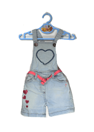 Prenatal salopette denim blauw meisje met roze glitter hartjes maatje 68