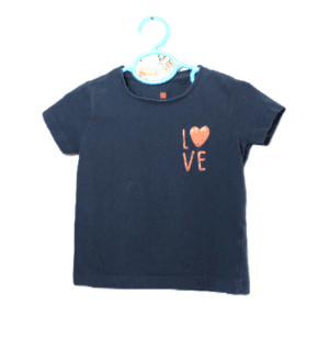 Hema zomer shirtje donkerblauw met tekst: LOVE in glitterletters maatje 86